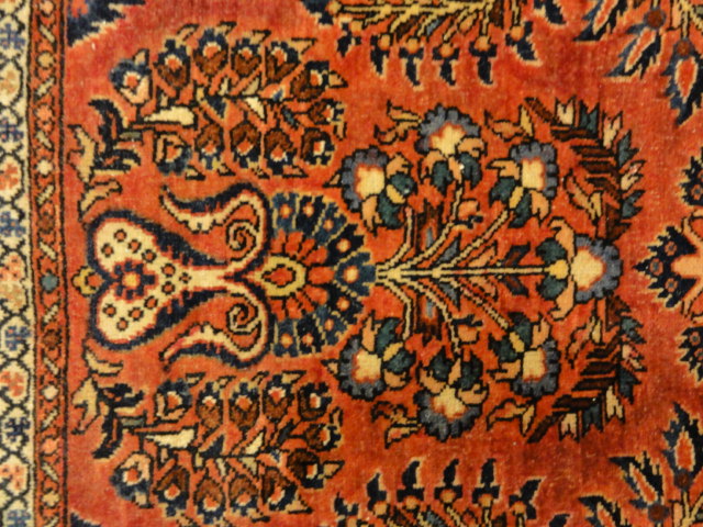 Antique Rare Persian Sarouk Prayer Rug. Genuine woven carpet art. Authentic and intricate design. Santa Barbara Design Center