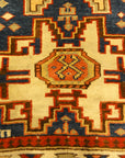Rare Antique Leshgi Star Rug featuring Men Standing on Horses. A piece of genuine antique authentic woven carpet art sold by Santa Barbara Design Center.