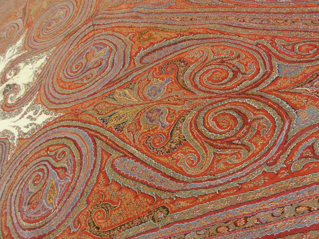 Antique Finest 1700s Persian Pashmina Kashmiri Shawl. Antique woven carpet art sold by Santa Barbara Design Center Rugs and More in Santa Barbara California