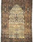This Antique Mohtasham Kashan Tree of Life Rug, is a pinnacle of woven art with high quality cork wool, finest, tightest and an extremely fine weave, is unusual with its all over design of delicate scrolling floral in soft sage and ivory colors. Perhaps this Antique Mohtashan Kashan Tree of Life Rug was made as a gift to a dignitary or a royalty. It is the most magnificent Tree of Life with pairs of love birds and the foliage of different trees in paradise.
