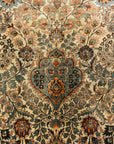 An antique finest silk rug featuring the garden of paradise with 1001 flowers. A piece of genuine woven carpet art sold at Santa Barbara Design Center.