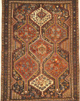 Antique Persian Khamseh Chicken Rug. A piece of genuine woven carpet art sold by Santa Barbara Design Center Rugs and More.