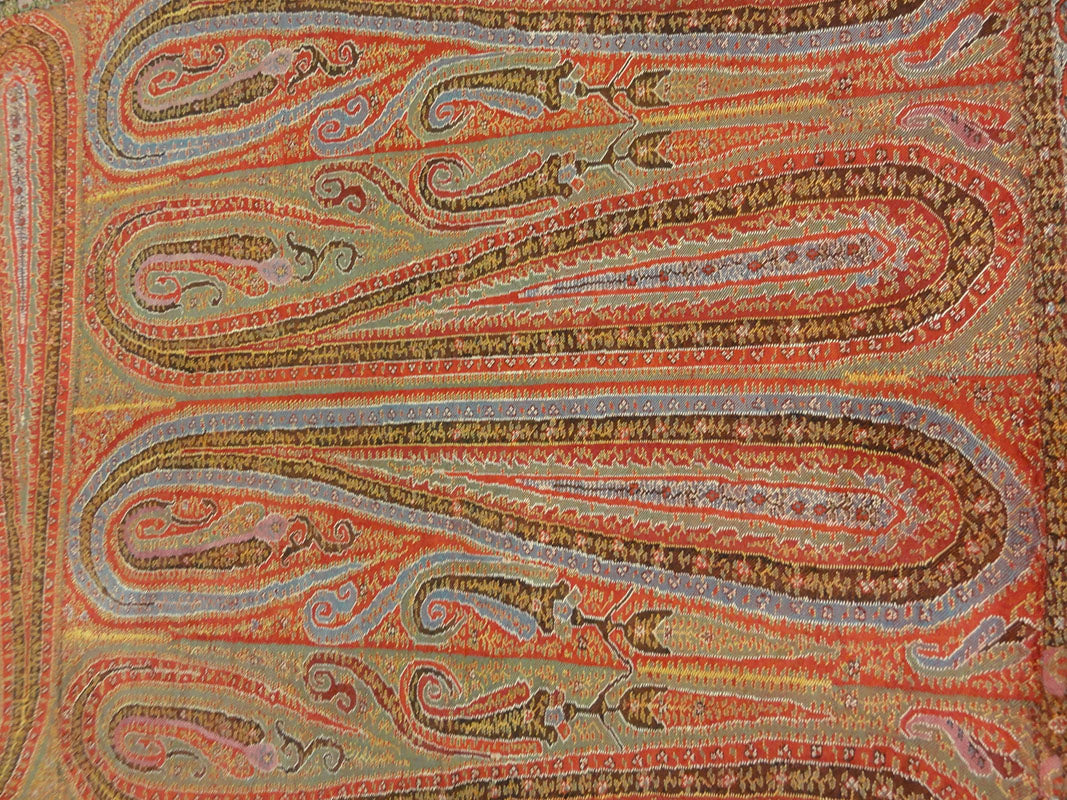 Antique Kashmiri Wool and Silk Pashmina circa 1700s. A piece of woven wool and silk art sold by Santa Barbara Design Center Rugs and More in Santa Barbara.