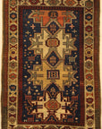 Rare Antique Leshgi Star Rug featuring Men Standing on Horses. A piece of genuine antique authentic woven carpet art sold by Santa Barbara Design Center.