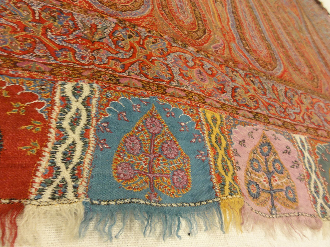 Antique Kashmiri Wool and Silk Pashmina circa 1700s. A piece of woven wool and silk art sold by Santa Barbara Design Center Rugs and More in Santa Barbara.