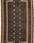 An antique and original burial Baluch dated rug. Dated on all four corners. Used as a casket covering. Sold by Santa Barbara Design Center.