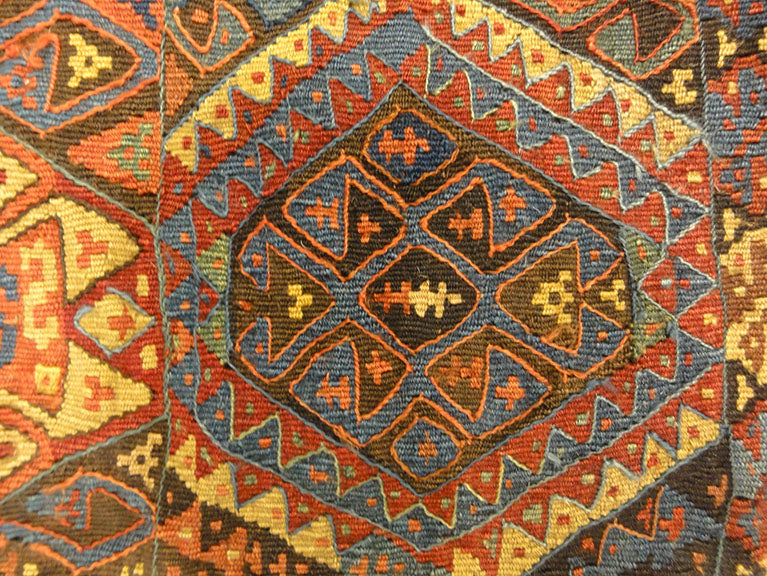 Small Bakhetiari Kelim Saddle Bag some metal threading throughout. Visit us Rugs & More in the Santa Barbara Design Center.