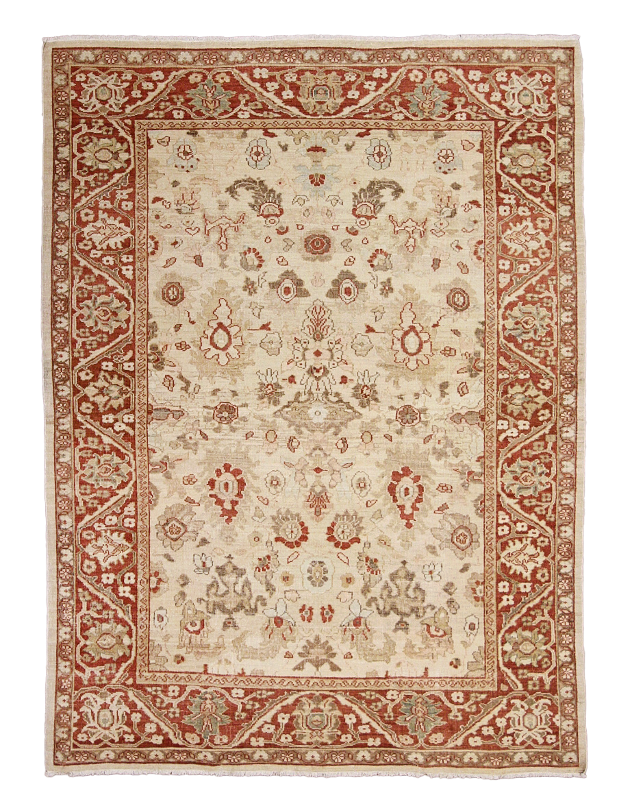 Original Ziegler & Co. Sultanabad rug with intricate beige, cream, and red patterns displayed on a product page.
