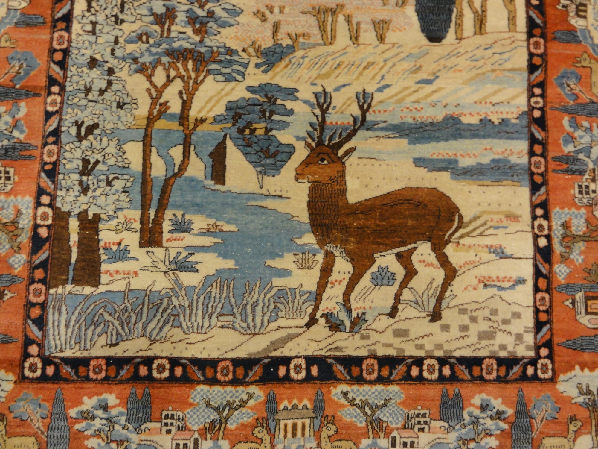 30061 Unique Antique pictoral Kashan Circa 1870 with winter landscape and deers