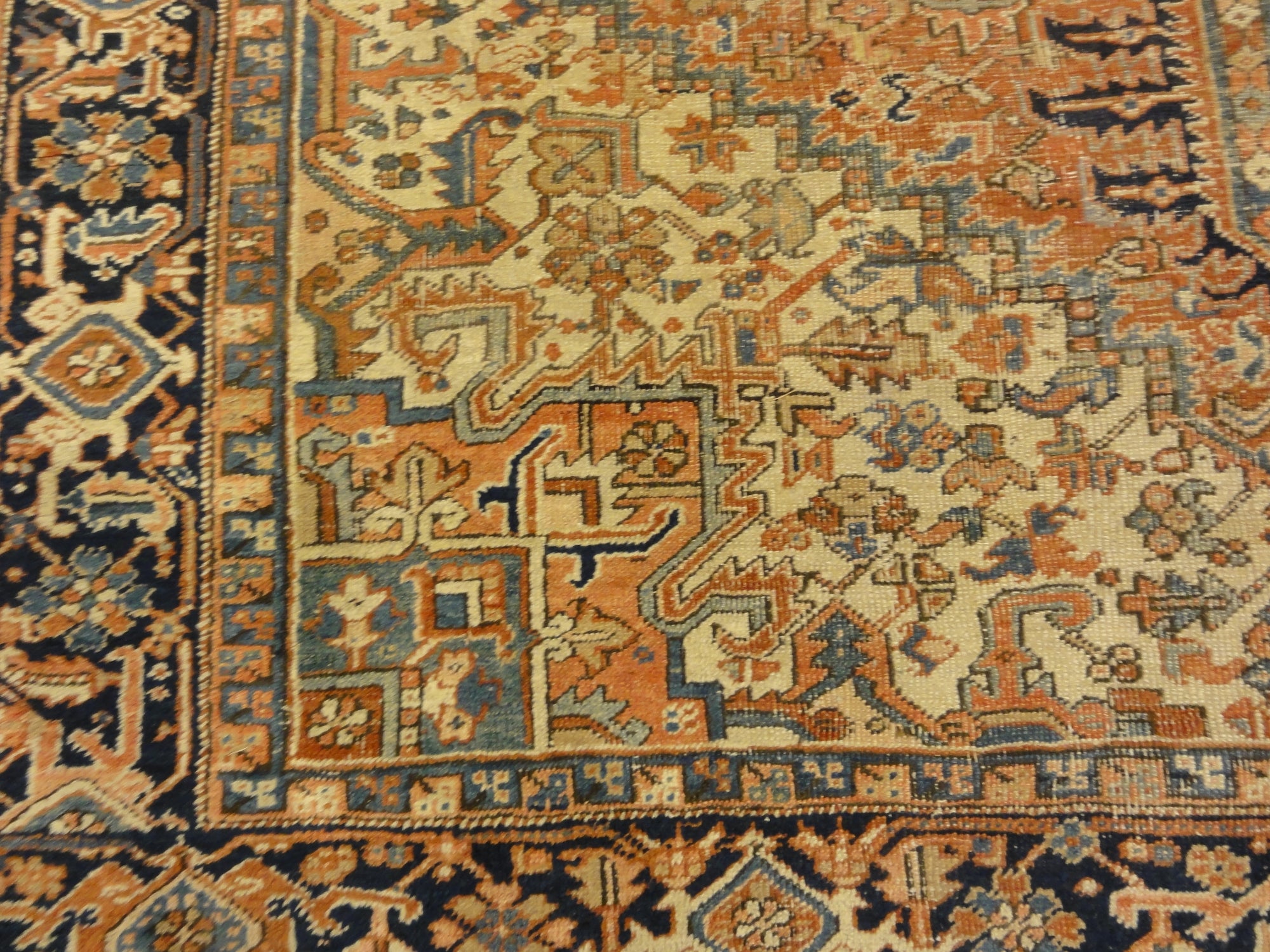Antique Heriz Rug. A piece of genuine authentic antique woven carpet art sold by the Santa Barbara Design Center, Rugs and More.