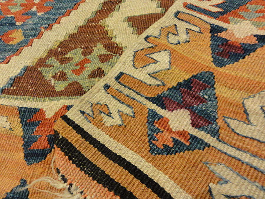 Anatolia Goddess Turkish Kelim ca Late 1700s. A piece of antique woven carpet art sold by the Santa Barbara Design Center, Rugs and More in California.