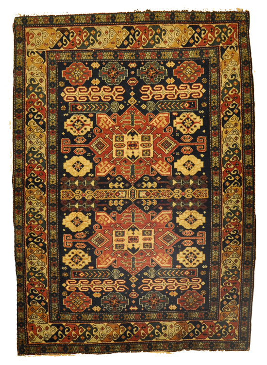 Antique Shirvan rugs – The historic Khanate or administrative district of Shirvan produced many highly decorative antique rugs that have a formality and stylistic complexity that is found in few rugs from the Caucasus. 3'4 x 4'9