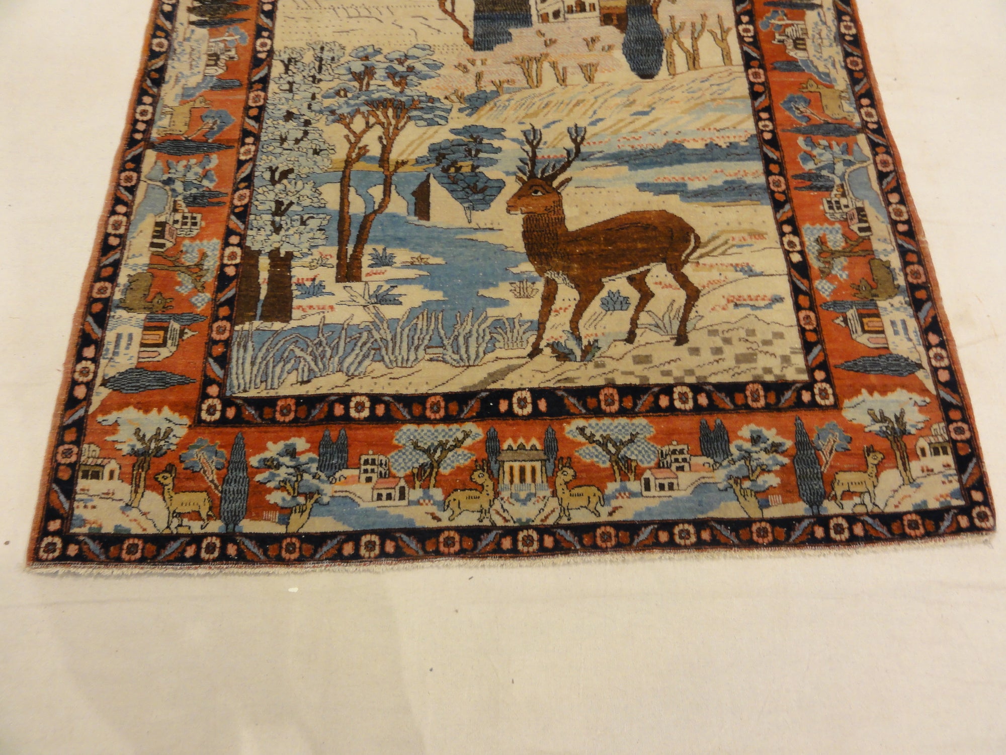 30061 Unique Antique pictoral Kashan Circa 1870 with winter landscape and deers