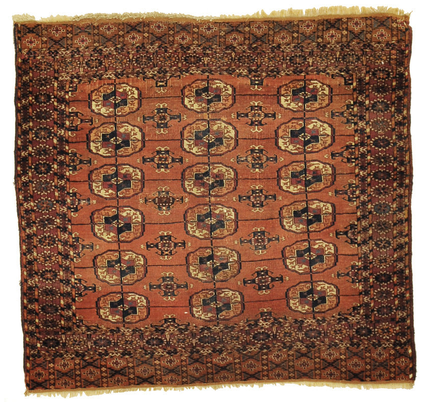 Antique Turkaman Rug featuring repeated design. Made with wool and organic dyes. 3'6 x 3'9