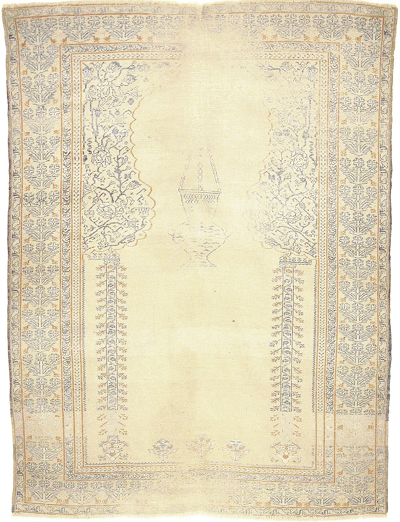 Antique Transylvanian 17th Century Turkish Prayer Rug. A fine piece of genuine woven carpet art sold at the Santa Barbara Design Center.