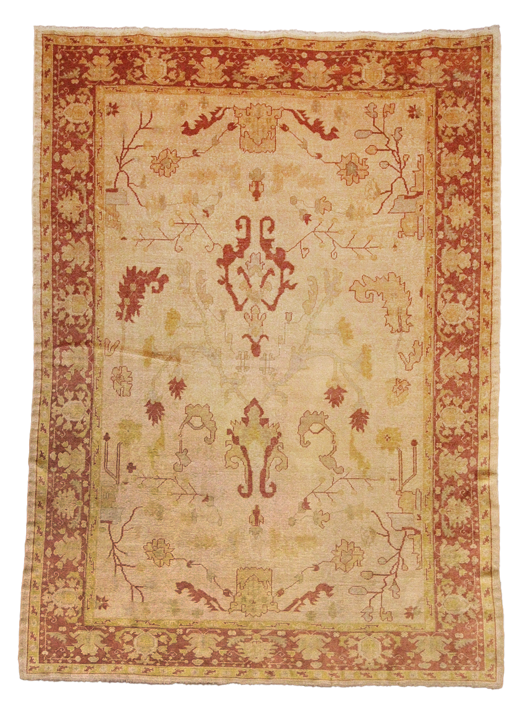 Vintage Angora Oushak rug with intricate patterns in muted red and beige tones, featuring a classic floral border design.